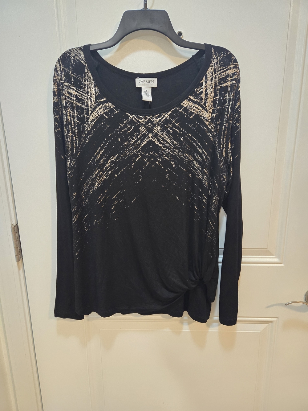 Carmen Marc Valvo Black Long-Sleeve Abstract Graphic Knot Top